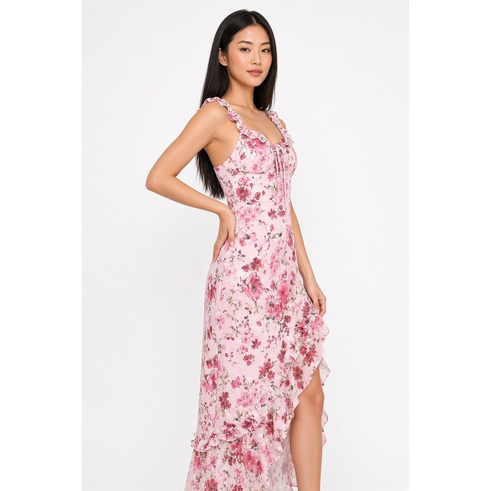 Lulus Lovable Spirit Pink Floral Burnout Ruffled High-Low Maxi Dress Large NEW